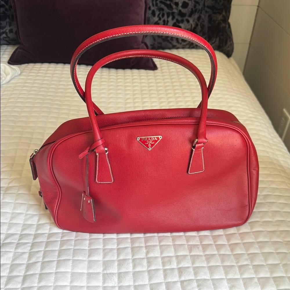 Prada Red Leather shoulder/tote Bag with silver details